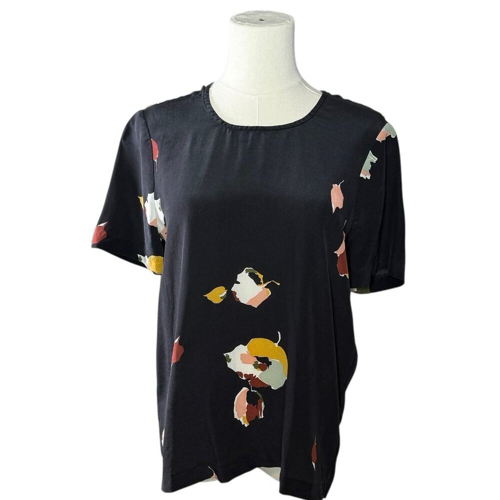Madewell Silk Floral Abstract Artsy Top Short Sleeve Blouse Black XS